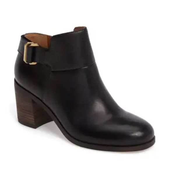 Franco Sarto "Matisse" Black Leather Ankle Bootie Gold Buckle Stacked Heel 6.5